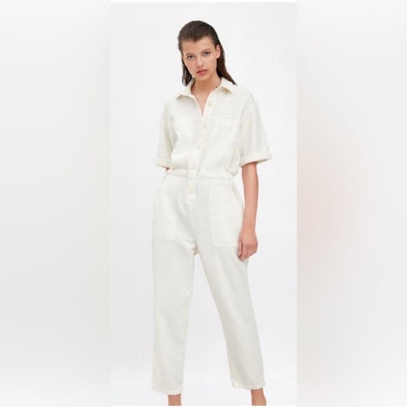 Zara Pants - Zara Women’s White Rustic Button Up Utility Jumpsuit Size Small